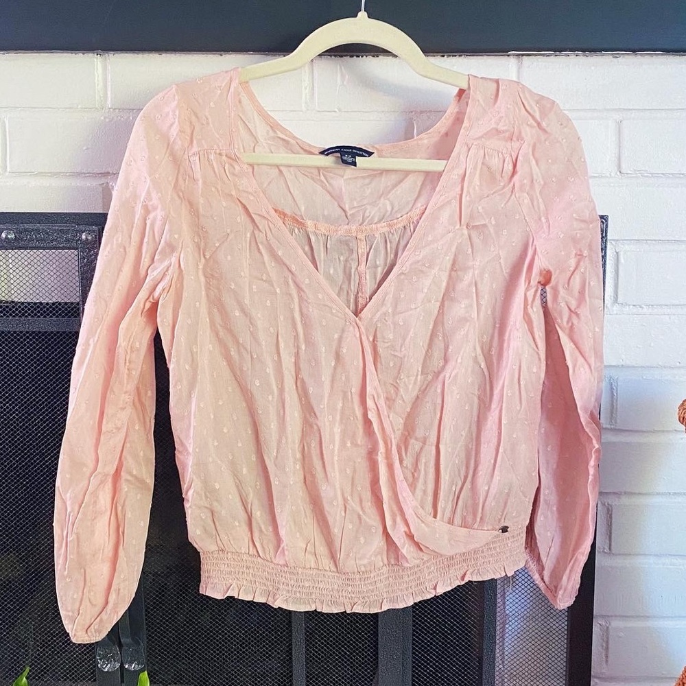 NWOT American Eagle Pink Wrap Blouse with Dot Texture